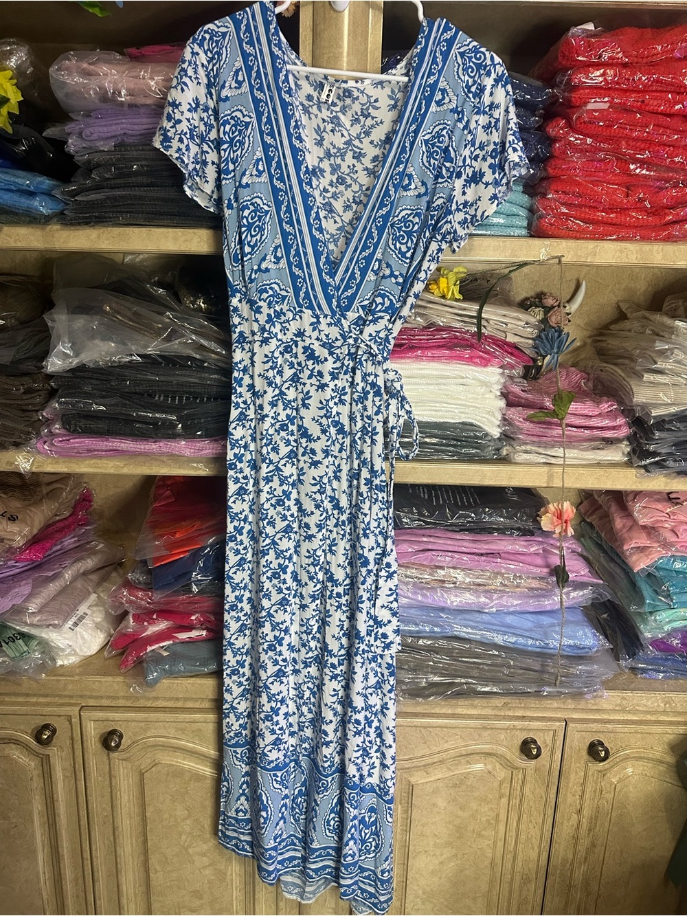 Blue & White Floral Wrap Maxi Dress - Unbranded